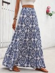 Spring summer autumn Women's Maxi Skirt With Full-print Design - Relaxed Style Polyester Material Spandex Blend Slight Gathering
