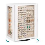 Emfogo 360 Rotating Jewelry Box For Women Vintage Wooden Large Jewelry Organizer With 5 Drawers Glass Doors Vertical Open Design
