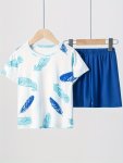 2 Pcs Boys Trendy Underwear Set Blue Feather Pattern Short Sleeve T-shirts & Shorts Comfortable & Casual Style Clothing