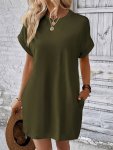 Crew Neck With Pocket Dress Casual Short Sleeve Dress For Spring & Summer Women's Clothing For Elegant Dressing