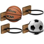 Daoun Basketball Holder Wall Mount With Wooden Base 4 Pcs Ball Storage Holder For Football Basketball Soccer Rugby Display Rack