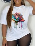 Rose Print Crew Neck T-Shirt Casual Short Sleeve Tee For Spring & Summer Women's Clothing