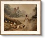 Astrdecor Framed Vintage Wall Art Farmhouse Decor Girl Chicken Farm Canvas Painting Farmhouse Wall Decor Vintage Rustic Artwork