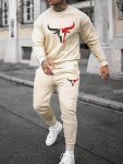 Bull Head Print Men's 2PCS Outfits Casual Crew Neck Long Sleeve T-Shirt Sweatshirt & Drawstring Sweatpants Joggers Set For Winte