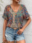 Paisley Print V-neck Blouse Elegant Short Sleeve Loose Blouse For Spring & Summer Women's Clothing
