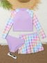 Girls 3-Piece Raglan Plaid Swimsuit Modest Style Long Sleeve Swimwear Top + Brief + Skirt Beach Swimming Pool Bathing Suit