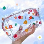 Cute Transparent Flowers Design Pencil Case Girls' Portable Cosmetic Bag Cartoon Women Ladies Pvc Makeup Bag Kawaii Stationery S