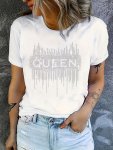 Rhinestone Knitted T-Shirt Short Sleeve Crew Neck Casual Top For Summer & Spring Women's Clothing