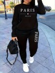 Women's Paris Letter Print Sweatshirt And Pants Set Casual Sports Outfit Round Neck Knitted Fabric Stretchy Polyester Autumn win