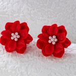 Red Exquisite Camellia Design Stud Earrings With Faux Pearl Decor Elegant Style Alloy Jewelry Banquet Accessories