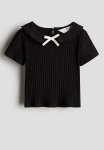 Collared Rib-knit Top - Black