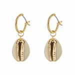 Columbus 14K Gold Plated Cowrie Charm Huggie Hoop Earrings - Cowry Drop Dangle Hoops - Huggies For Women Gold Cowry Shell