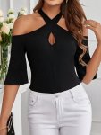 Cold Shoulder Cross Halter T-Shirt Elegant Solid Color Bell Sleeve T-Shirt For Spring & Summer Women's Clothing