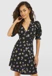 Ditsy Floral Puff Sleeve Smock Dress - Black