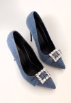 Blue Denim Point Toe Diamante Buckle Heeled Courts - Blue