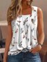 Feather Print Ruched Square Neck Tank Top Casual Sleeveless Top For Summer Women's Clothing