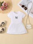 Girls Letter M Pattern Short Sleeve Ruched Waist Sports Casual Dress Summer