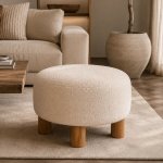 Cream Boucl Fabric And Wood Ottoman