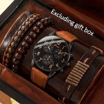 4PCS SET Men's Brown Pu Strap Casual Quartz Watch & Bangle Set Ideal For Gifts