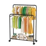 Simple Trending Clothing Clothes Rack Double Rods With Wheels Rolling Metal Garment Rack For Hanging Black