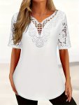 Plus Size Lace Stitching T-Shirt Casual V Neck Short Sleeve T-Shirt Women's Plus Sizeclothing