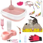 Hlimior Kitten Starter Kit 15-PIECE Cat Essentials Set Includes Litter Box Toys Collars Scratch Pad Nail File Automatic Feed Bow