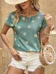 Floral Print Crew Neck Blouse Elegant Short Sleeve Top For Spring & Summer Women's Clothing