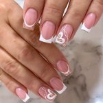24PCS Glossy Pink Square Fake Nails Medium Long White French Tip Press On Nails With Golden Glitter And Heart Design Sweet False