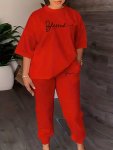 Blessed Letter Print Two-piece Set Short Sleeve Crew Neck T-Shirt & Slant Pockets Pants Outfits Women's Clothing