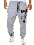 2024 Men's Regular Fit Solid Color Sports Pants With Dual Side Pockets And Drawstring Alphabet "new York"print Chic And Casual T