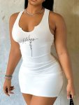 Letter Print Notched Neck Dress Sexy Bodycon Sleeveless Dress For Spring & Summer Women's Clothing