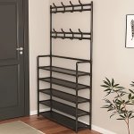 5-TIER Metal Shoe And Hat Rack Reinforced Multi-functional Storage Shelf With 8 Hooks And Fabric Layers Contemporary Style Home