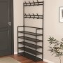 5-Tier Metal Shoe And Hat Rack Reinforced Multi-Functional Storage Shelf With 8 Hooks And Fabric Layers Contemporary Style Home Dorm Living Room Entryway Bathroom