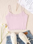 Solid Ribbed Crop Cami Top Casual Lettuce Trim Backless Spaghetti Strap Top For Spring & Summer Women's Clothing