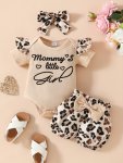 Baby's "mommy's Little Girl" Print 2PCS Trendy Outfit Short Sleeve Onesie & Headband & Leopard Pattern Shorts Set Toddler & Infa