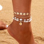 4-PIECE Set Daisy & Star Charm Faux Pearl Chain Anklets Women's Minimalist Vacation Style Daily Wear Perfect Jewelry Decoration