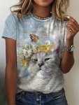 Marble Cat Print T-Shirt Casual Crew Neck Short Sleeve Summer T-Shirt Women's Clothing