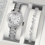 Luxury 2PCS Women's Fashion Set: Sparkling Rhinestone Quartz Watch & Versatile Bracelet - Perfect Gift For Her Valentine's Day G
