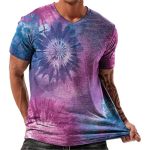 Short Sleeve Tops For Men Trendy Casual V Neck Fitted T Shirt Vintage Abstract Art Explosive Purple Print Basic Tees Lightweight