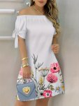 Floral Print Off Shoulder Dress Elegant Short Sleeve Elastic Trim Dress For Spring & Summer Women's Clothing