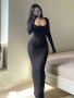 Solid Color Bodycon Spaghetti Strap Dress Vacation Style Scoop Neck Long Sleeve Ankle Length Skinny Dress Women's Clothing