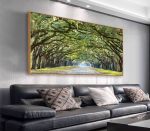 Framed Oak Trees Lined Road Canvas Art Print 24" X 48" - Green Forest Nature Landscape