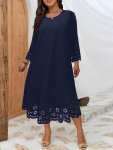 Plus Size Floral Pattern Hollow Loose Dress Casual Crew Neck Long Sleeve Dress Women's Plus Size Clothing