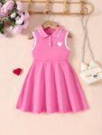 Heart Detail Lapel Collar Sleeveless Dress For Girls Spring Summer Season Sporty & Casual Dresses Outdoor Gift Idea