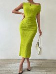 Slant Shoulder Textured Solid Dress Elegant Simple Bodycon Asymmetrical Dress For Spring & Summer Women's Clothing