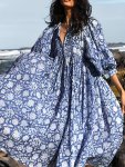Floral Print V-neck Dress Vacation Style Lantern Sleeve Flowy Dress For Spring & Summer Women's Clothing