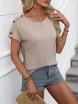 Button Decorate Crew Neck T-Shirt Casual Short Sleeve Top For Spring & Summer Women's Clothing