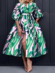 Plus Size Abstract Print Dress Casual Half Sleeve V Neck Button Front Belted Midi Dress For Spring & Summer Women's Plus Sizeclo