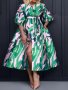 Plus Size Abstract Print Dress Casual Half Sleeve V Neck Button Front Belted Midi Dress For Spring & Summer Women's Plus Sizeclothing