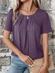 Solid Crew Neck T-Shirt Elegant Ruched Short Sleeve T-Shirt For Summer Women's Clothing